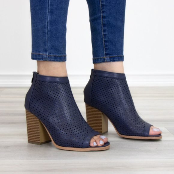 Navy Perforated Heeled Open Toe Ankle Boots - Picture 7 of 10